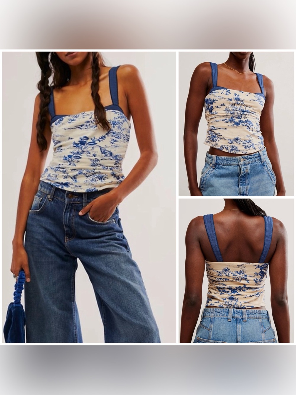 NWOT Free People 2 Tone Printed Tank - ivory blue combo - medium